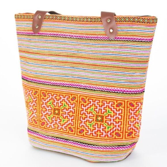 Casual Cat Handmade Cross Stitch Embroidered Vibrant Fair Trade Folk Art Tote - Picture 1 of 12